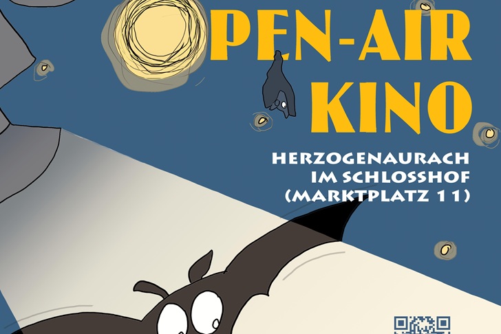 blaues Plakat, gelber Schriftzug "Open-Air Kino"